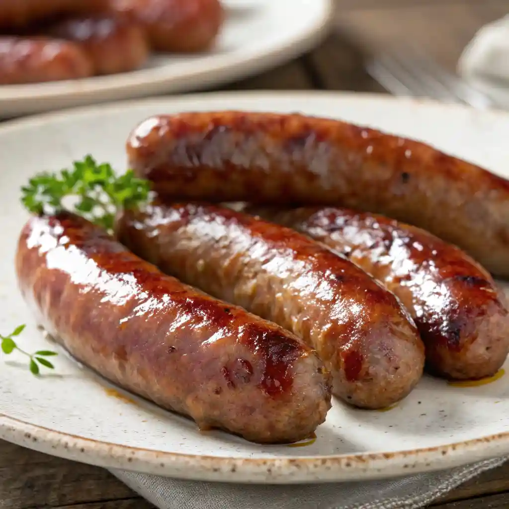 Three grilled beef smoked sausages served on a ceramic plate with fresh herbs.