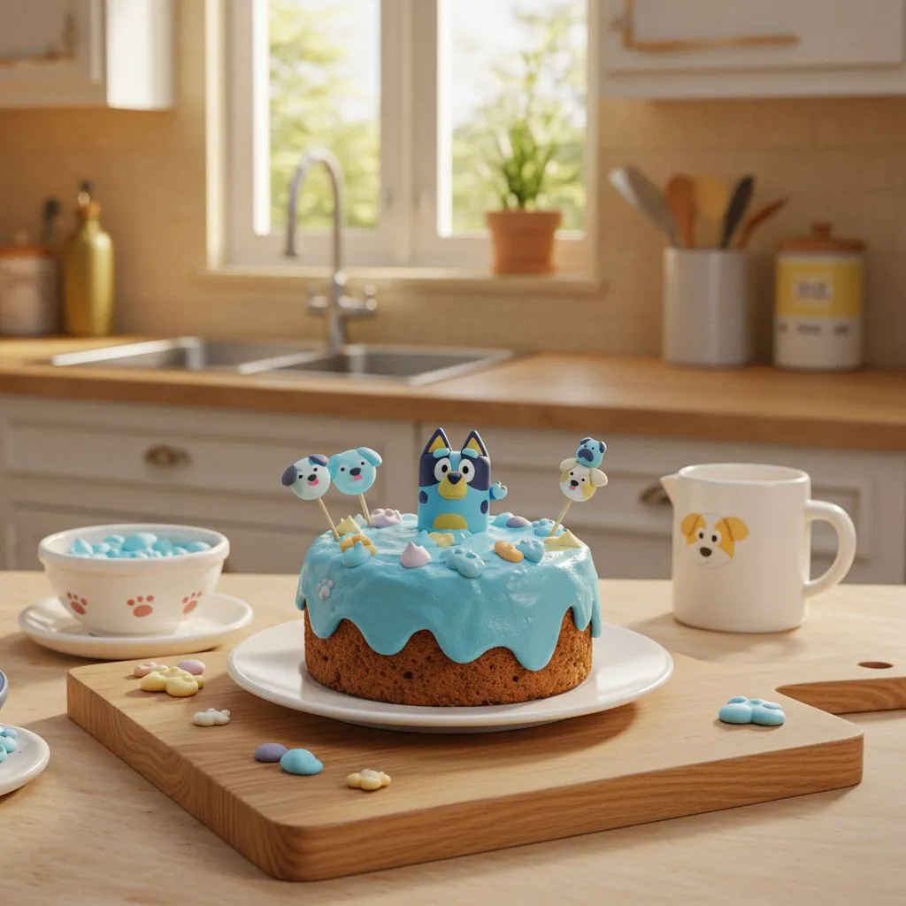 Homemade Bluey-themed cake on a kitchen countertop, decorated with vibrant blue frosting and playful Bluey character toppers.