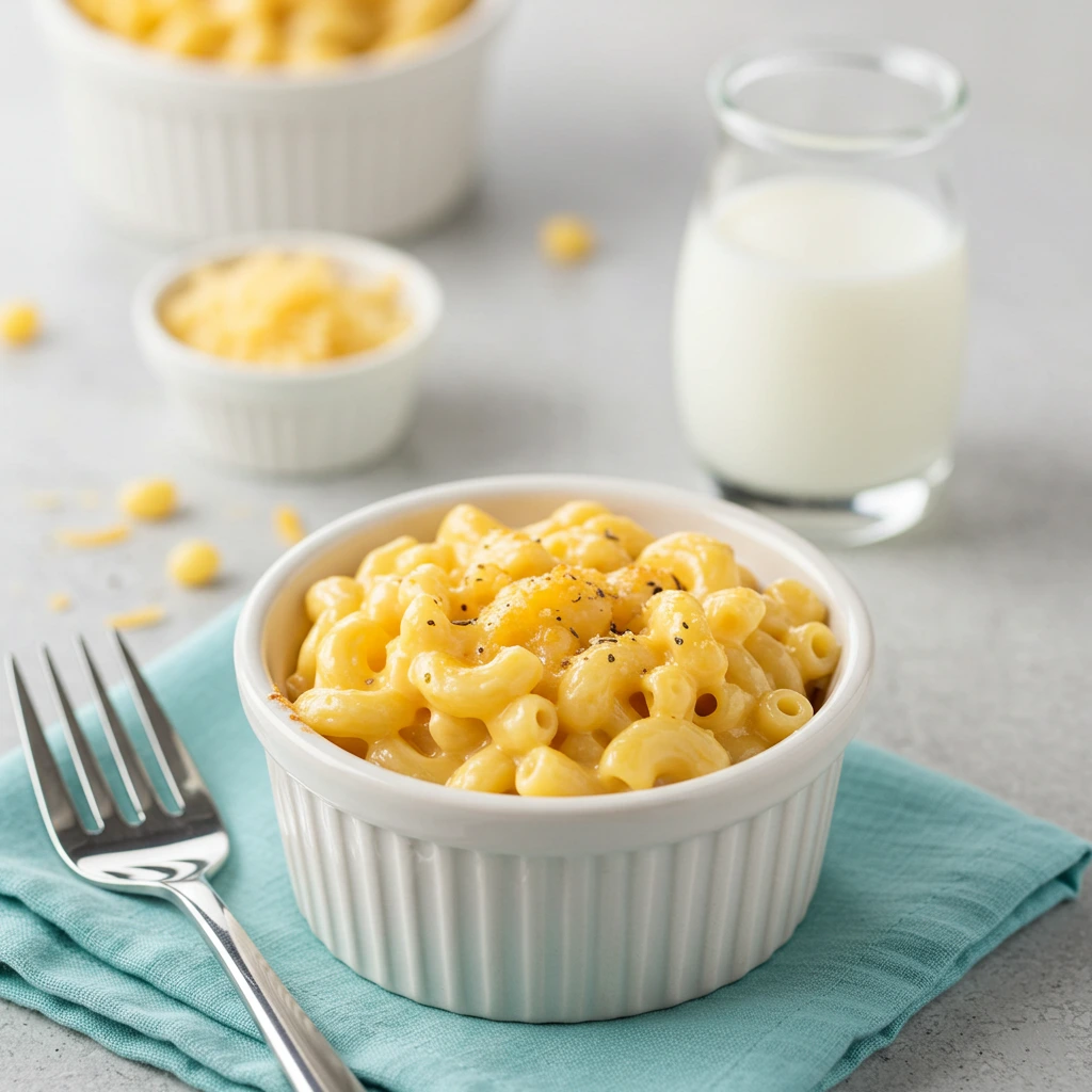 A bowl of creamy macaroni and cheese served in a white ramekin, garnished with black pepper, with a fork placed on a blue napkin. A small jar of milk and extra cheese are in the background.