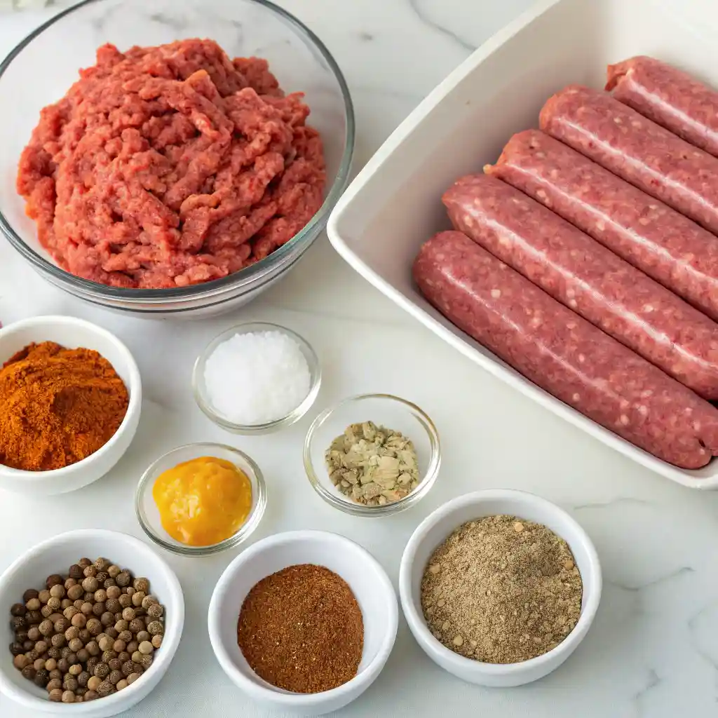 Ingredients for making beef sausage, including ground beef, sausage links, and a variety of spices.