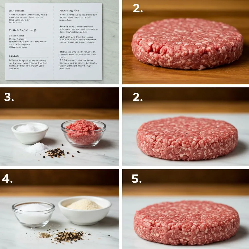 Step-by-step images showing the process of making a ground beef patty with seasoning ingredients.