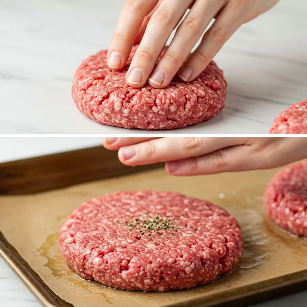 Hands shaping and seasoning raw ground beef patties on parchment paper.