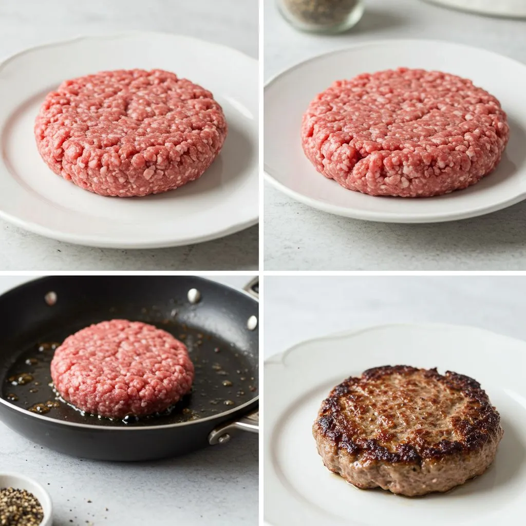 Step-by-step process of cooking a lean beef patty nude from raw to fully cooked on a stovetop.