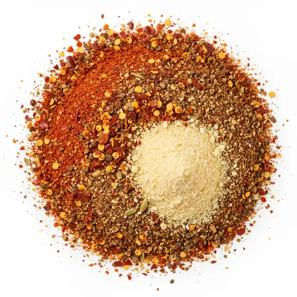 A colorful pile of dry spice blend featuring red chili flakes, paprika, ground pepper, and garlic powder on a white background.