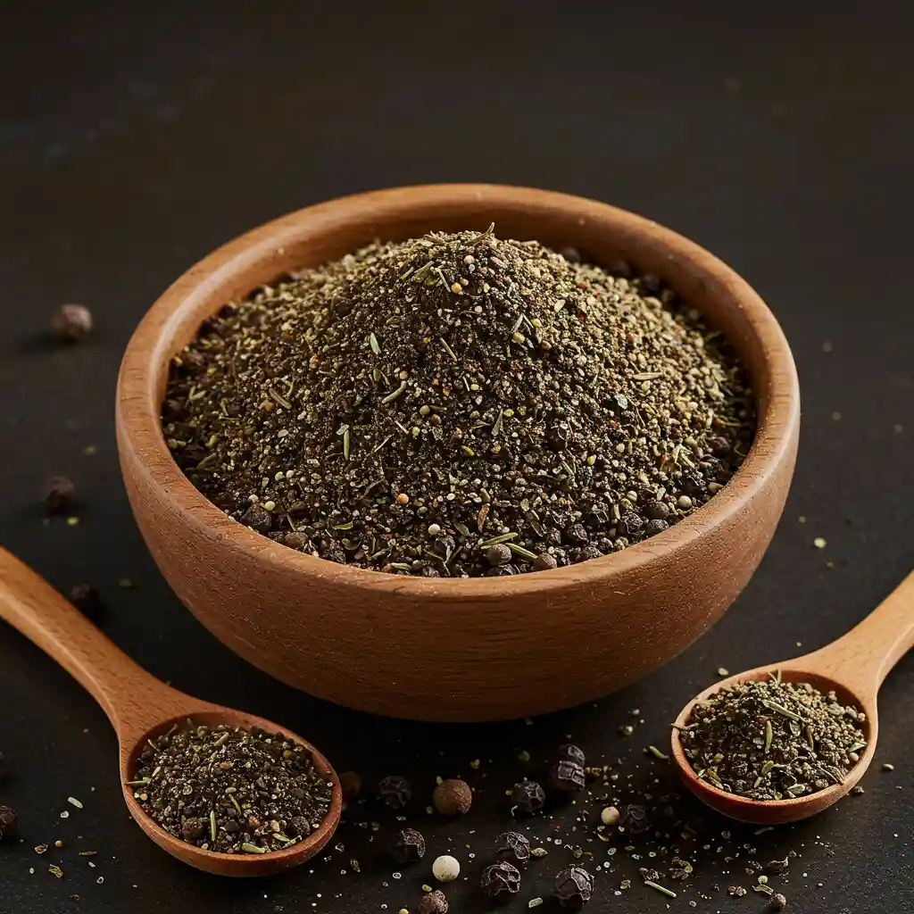 A wooden bowl filled with a coarse blackened seasoning blend, surrounded by wooden spoons and scattered peppercorns.