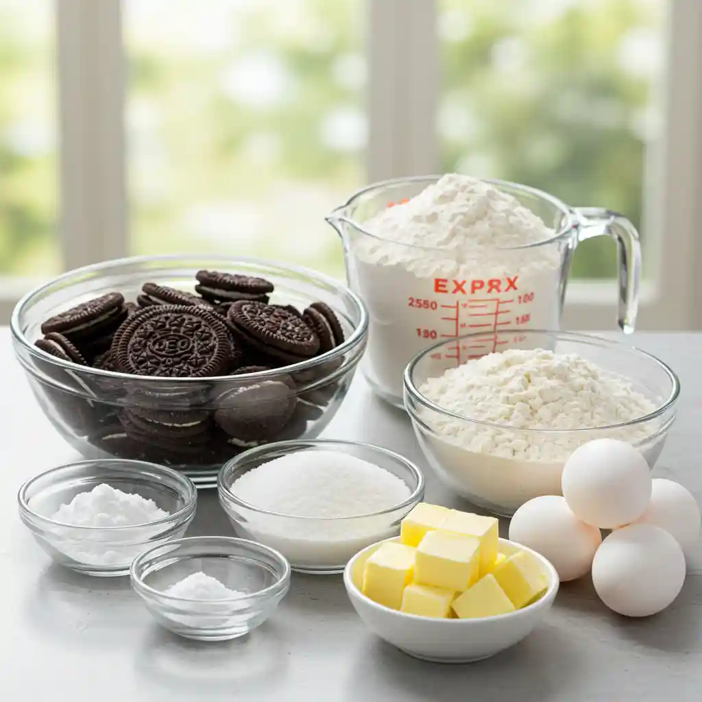 Assorted ingredients for cookies and cream cookies, including Oreo cookies, flour, sugar, butter, and eggs arranged on a kitchen counter.