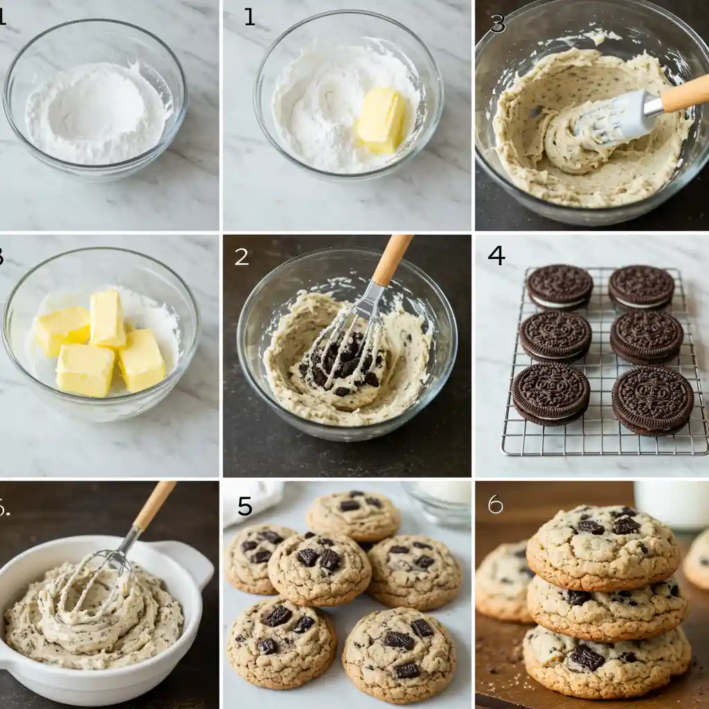 Step-by-step visual guide showing how to make cookies and cream cookies, from mixing ingredients to baked cookies.