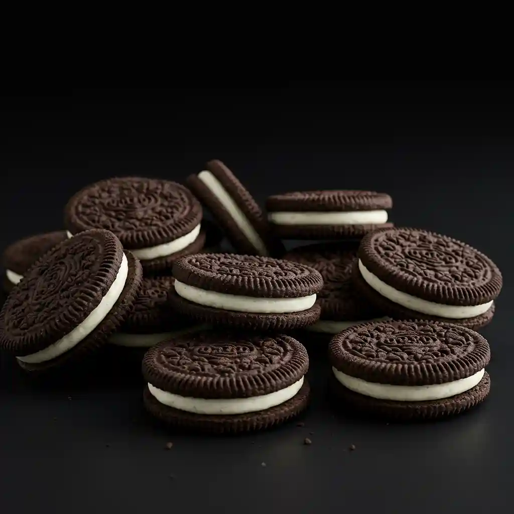 A pile of chocolate sandwich cookies with cream filling set against a dark background.