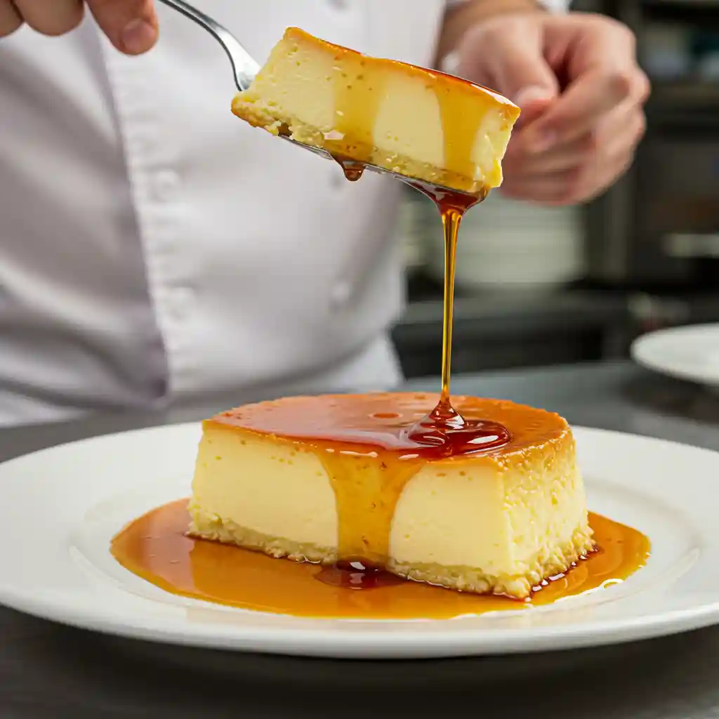 "Chef serving a slice of Venezuelan quesillo with caramel sauce dripping from the top."