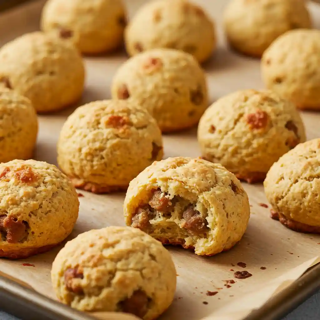 Freshly baked sausage balls on a parchment-lined baking sheet, with one bitten to reveal the filling.