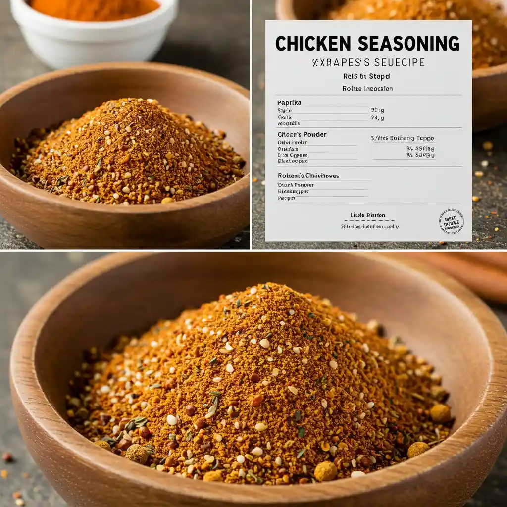 Close-up of a bowl filled with chicken seasoning blend, accompanied by a labeled ingredient card.