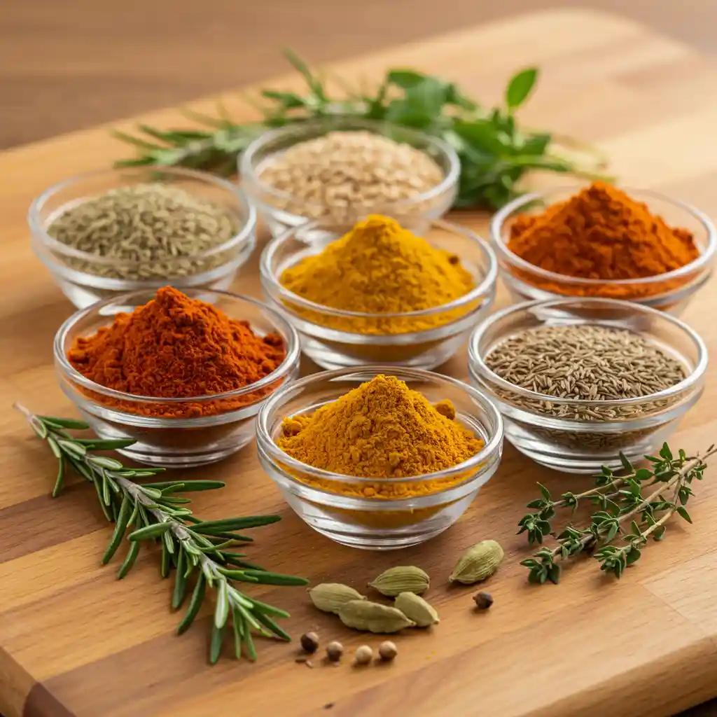 Assorted ground spices and whole herbs arranged in glass bowls and sprigs on a wooden surface.