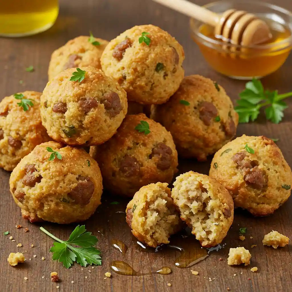 Golden sausage balls garnished with parsley and drizzled with honey on a wooden table.