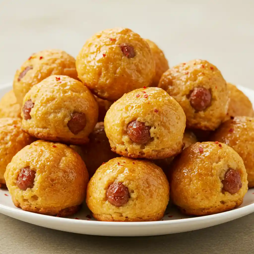 Golden brown Bisquick sausage balls served on a white plate.