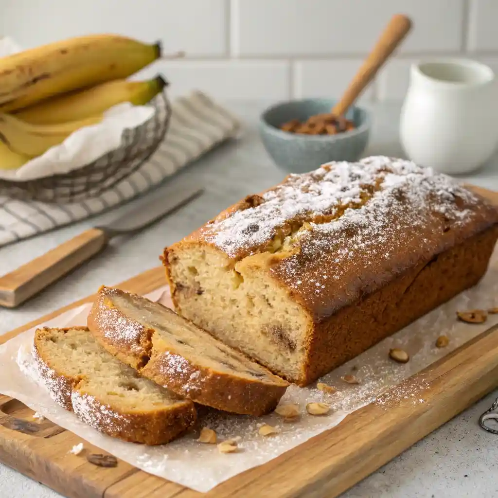 Sliced banana bread topped with powdered sugar on parchment paper with a knife, bananas, and brown sugar in the background.