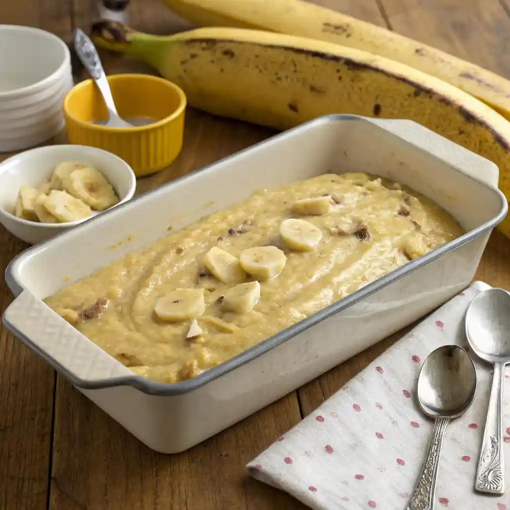 Unbaked banana bread batter topped with banana slices in a ceramic loaf pan, surrounded by ripe bananas and small bowls.