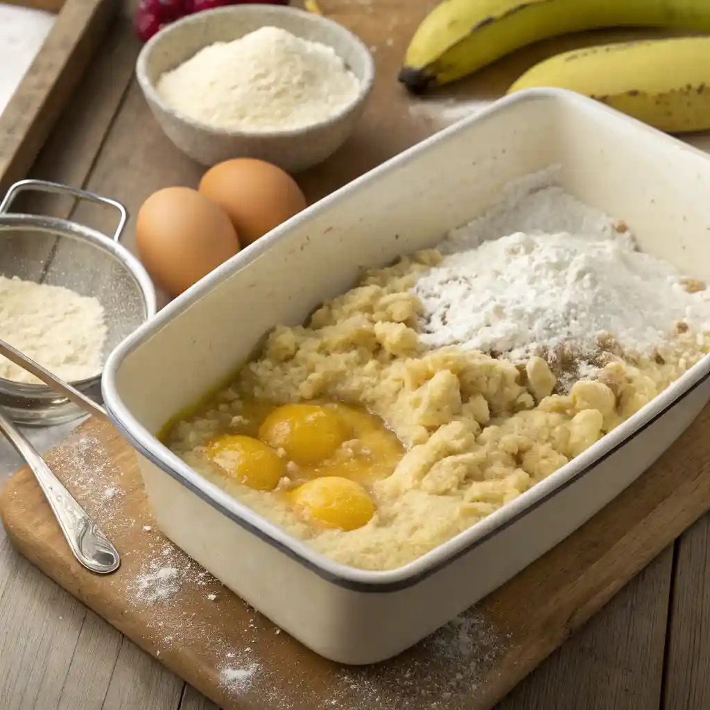 Unmixed banana bread batter with eggs, mashed bananas, and flour in a baking dish surrounded by baking ingredients.