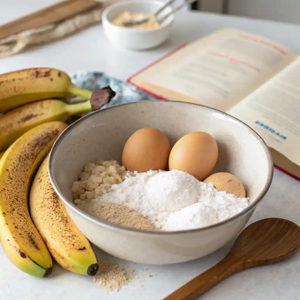 A mixing bowl filled with eggs, flour, and dry ingredients next to ripe bananas and an open recipe book.