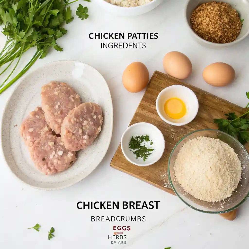 Top view of chicken patty ingredients including ground chicken, breadcrumbs, eggs, parsley, and spices on a white background.