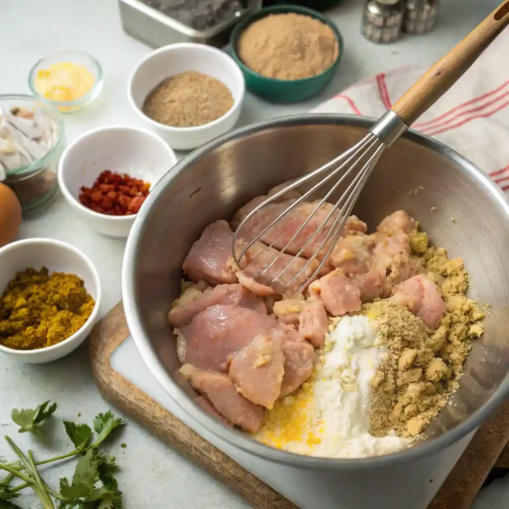 Raw chicken pieces with seasonings and breadcrumbs in a metal mixing bowl, surrounded by spices and ingredients.