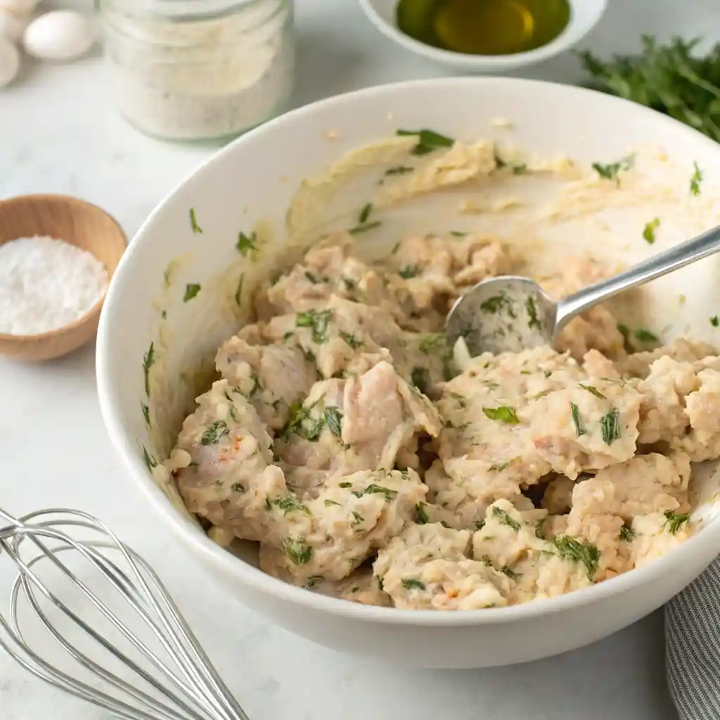 Seasoned chicken patty mixture in a white bowl with herbs, ready for shaping.