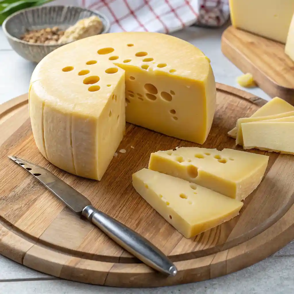 A round wheel of Gruyère cheese with several slices cut, served on a wooden board with a cheese knife.