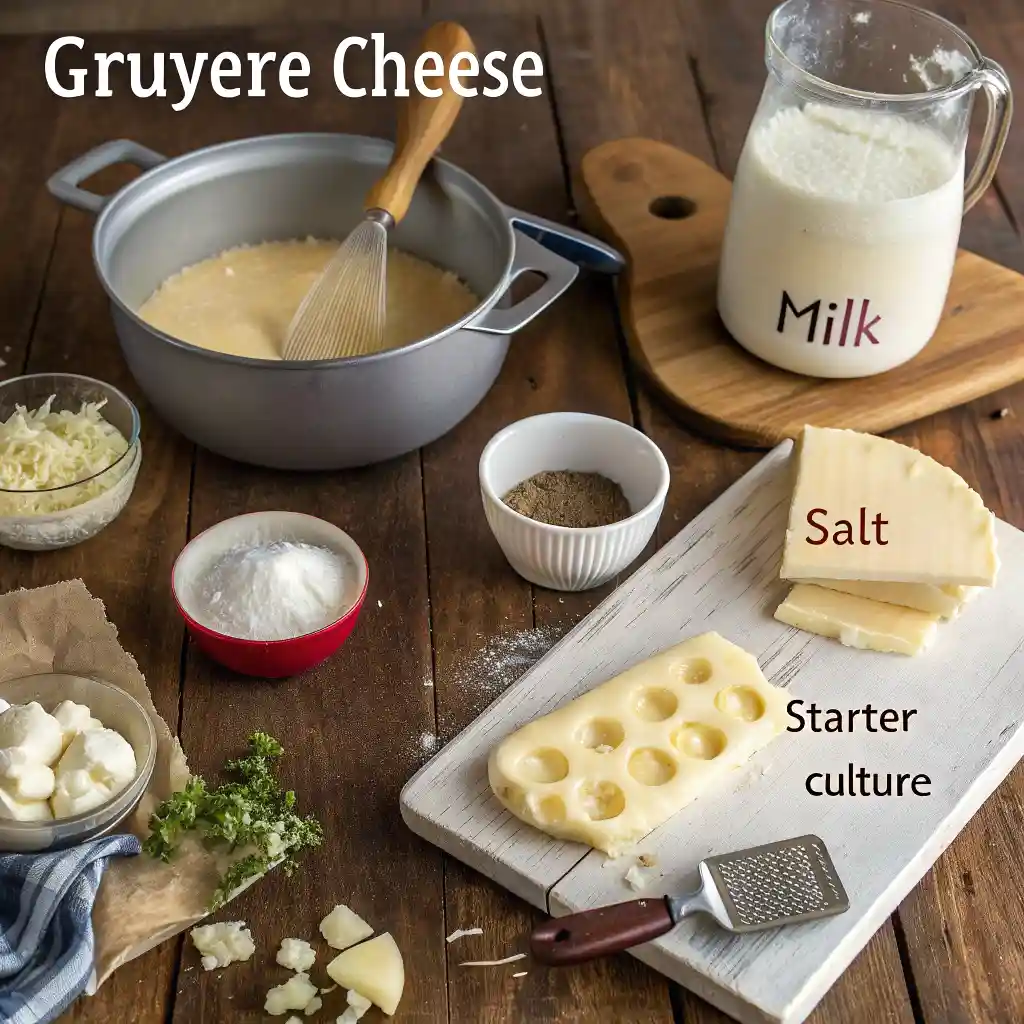 Gruyère cheese ingredients displayed on a wooden table, including milk, salt, starter culture, and cooking tools.