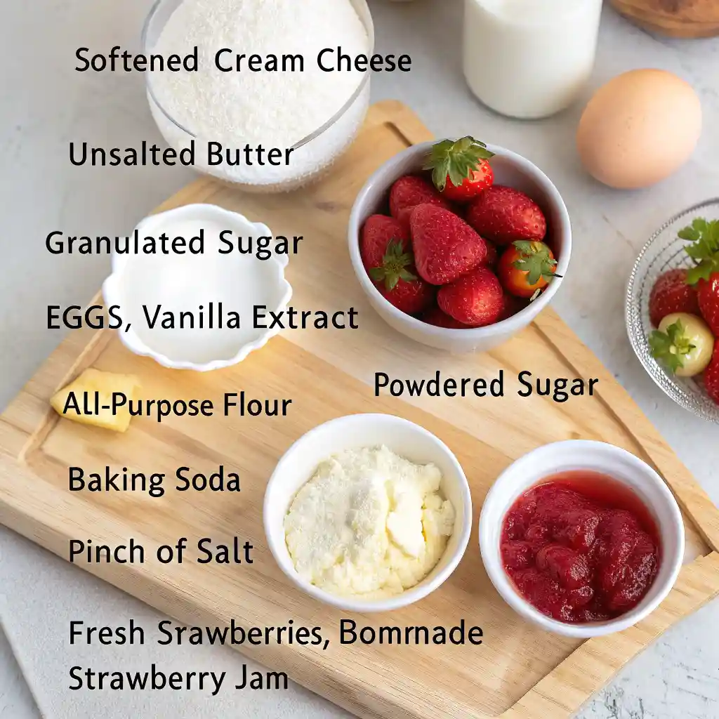 Essential ingredients for cheesecake cookies including cream cheese, butter, sugar, eggs, flour, strawberries, and jam.
