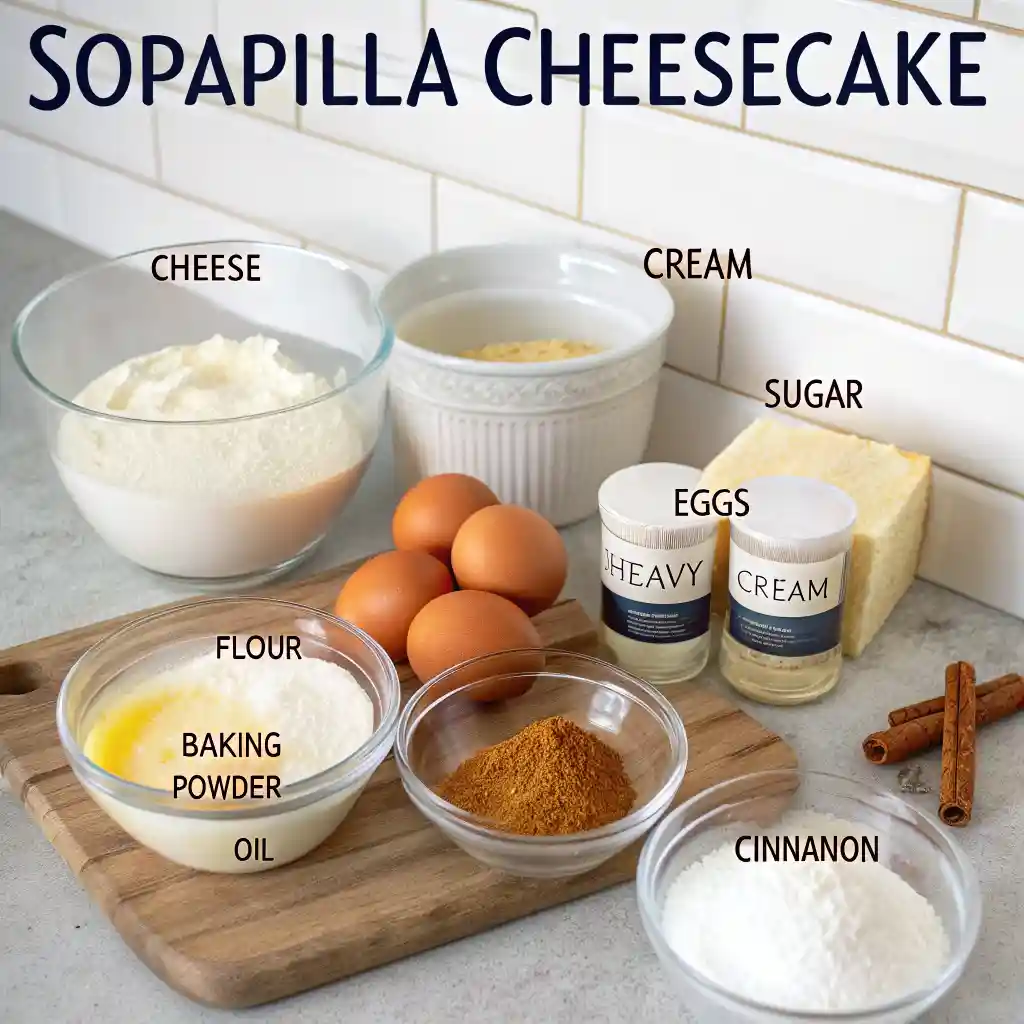 Ingredients for sopapilla cheesecake including cheese, cream, eggs, sugar, flour, baking powder, oil, and cinnamon displayed on a wooden board.