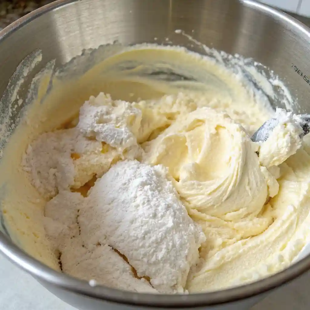 A close-up of cheesecake filling in a bowl with powdered sugar mixed into the creamy mixture.