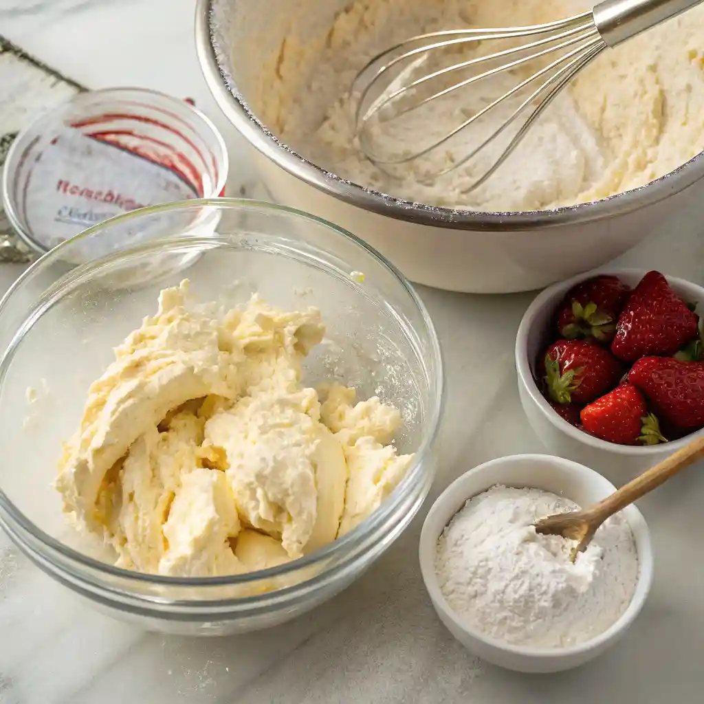 A bowl of butter mixture next to flour, powdered sugar, and fresh strawberries, with a whisk in the background.