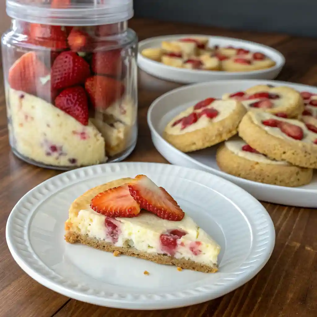 A slice of strawberry cheesecake on a plate with fresh strawberries, with strawberry cheesecake cookies and a jar of strawberries in the background.