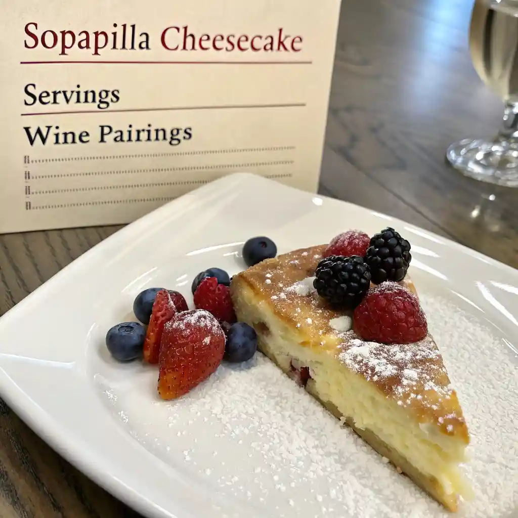 Slice of sopapilla cheesecake garnished with fresh berries and powdered sugar on a white plate next to a menu card.