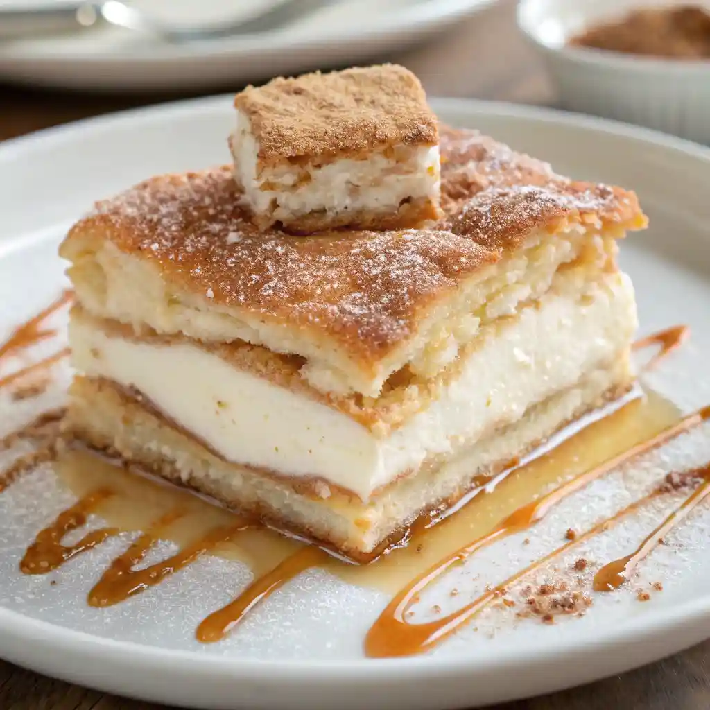 sopapilla cheesecake bar drizzled with caramel sauce and topped with cinnamon sugar.