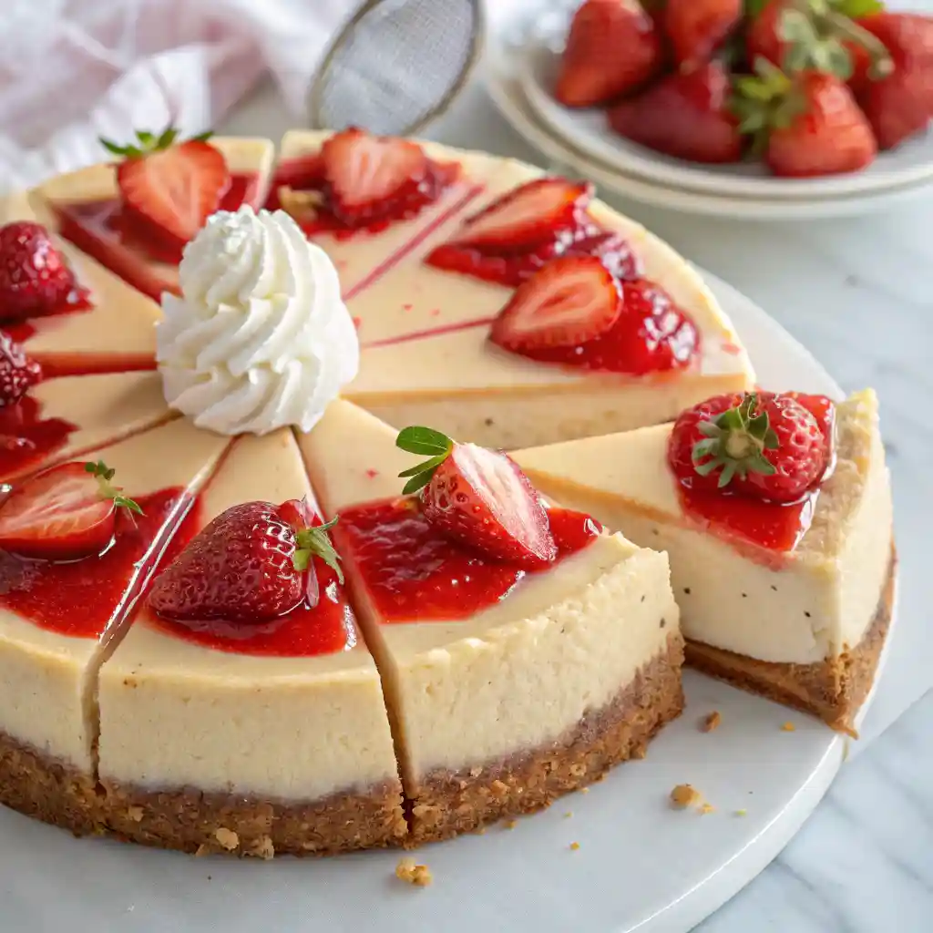 strawberry cheesecake with fresh strawberries and whipped cream on top, served on a white plate.
