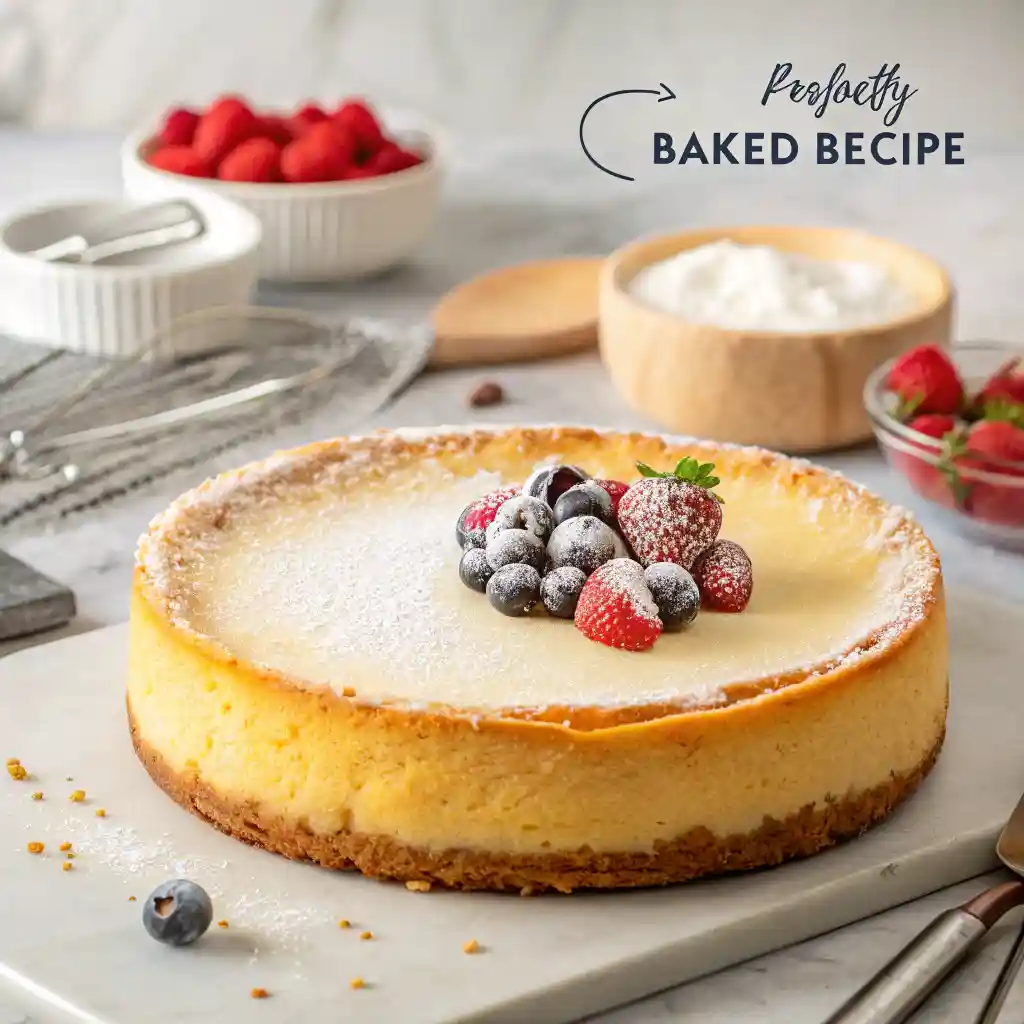 Baked cheesecake topped with fresh berries and powdered sugar on a marble board.